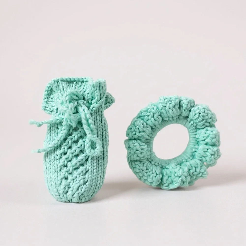 Hand Crafted Soap Saver Bag Hair Scrunchy Bath Essential Cotton Mint Green